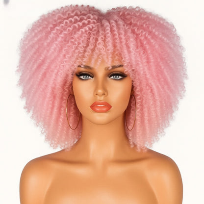 Pink Curly Afro Wig – Voluminous Natural-Look Synthetic Wig