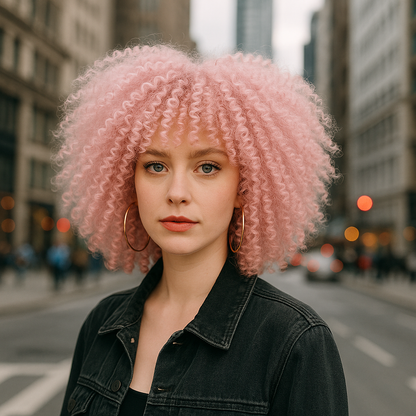 Pink Curly Afro Wig – Voluminous Natural-Look Synthetic Wig