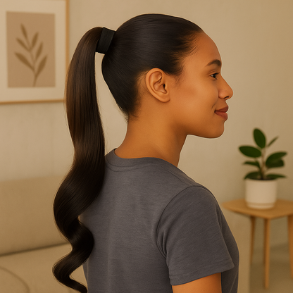 Natural Dark Brown Human Hair Ponytail Extension – Sleek Wrap-Around Drawstring Ponytail for Effortless Volume & Length