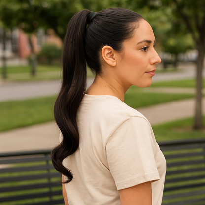 Natural Dark Brown Human Hair Ponytail Extension – Sleek Wrap-Around Drawstring Ponytail for Effortless Volume & Length
