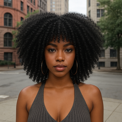 Jet Black Afro Curly Synthetic Wig – High-Quality Fiber Hair with 150% Density for Full Natural Volume