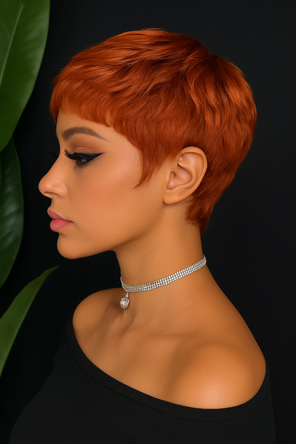 4in Fiery Orange Pixie Cut Wig – Brazilian French Curl, 100% Raw Virgin Human Hair