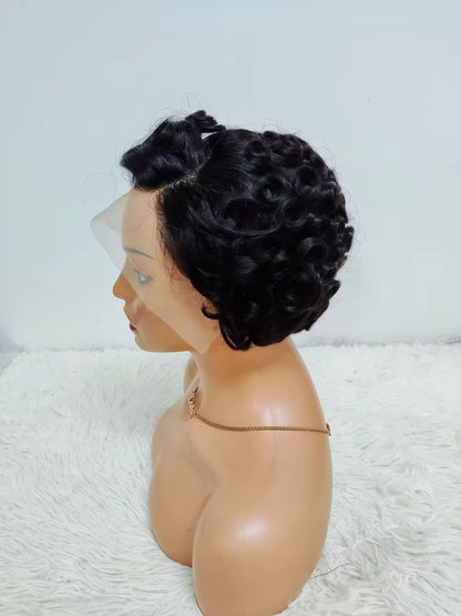Vintage Short Pin Curl Style 100% Virgin Brazilian Lace Front Wig – Natural Black Pin Curl Retro Style