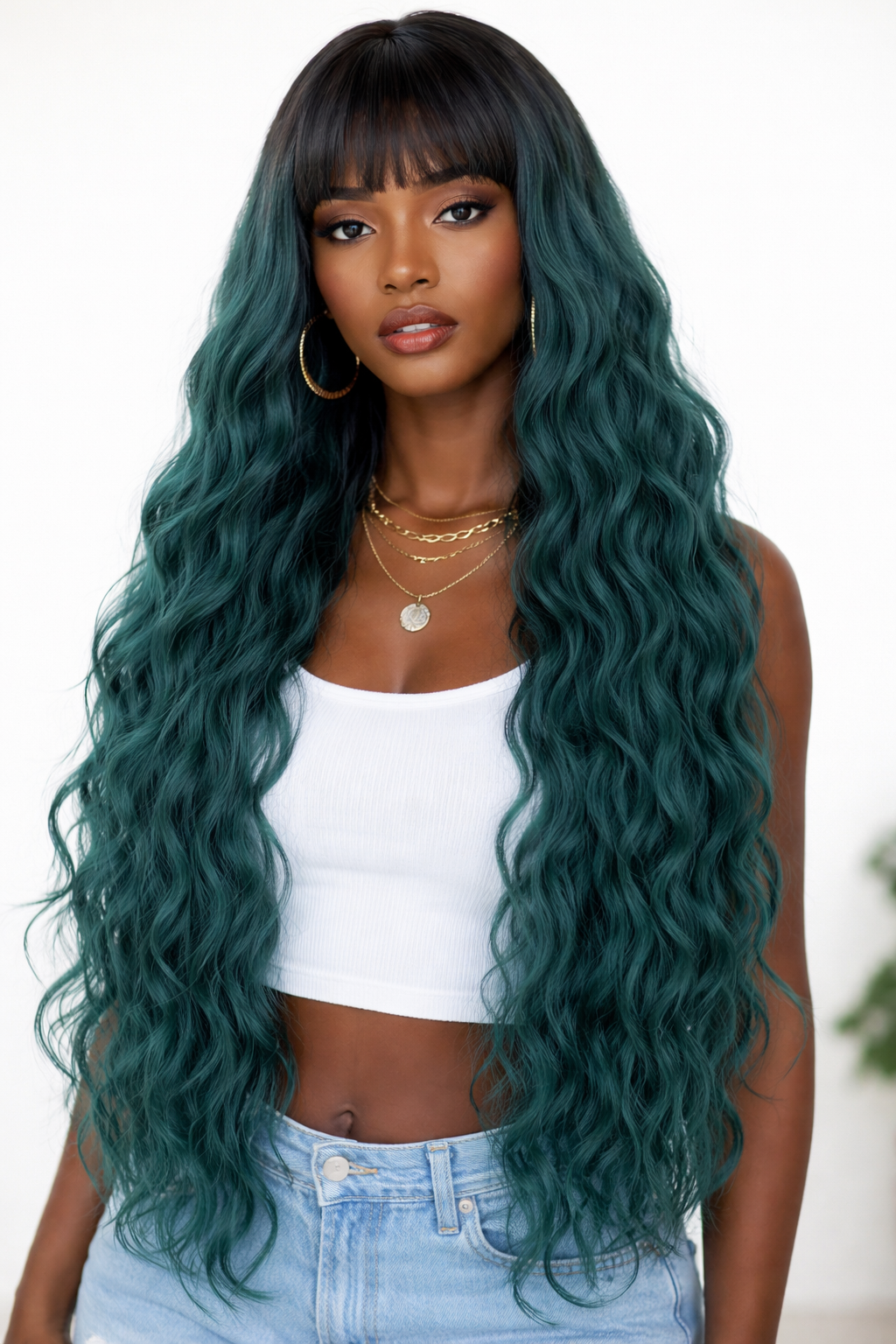 130% Density Deep Wave Synthetic Frontal Wig – High Quality Heat Resistant Green Lace Front Wig for Black Women