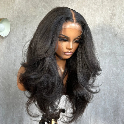 High Quality 13x4 Black Yaki Preplucked 180 Density Synthetic Lace Front Wig With Baby Hairs