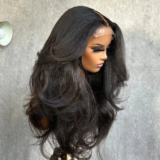 High Quality 13x4 Black Yaki Preplucked 180 Density Synthetic Lace Front Wig With Baby Hairs