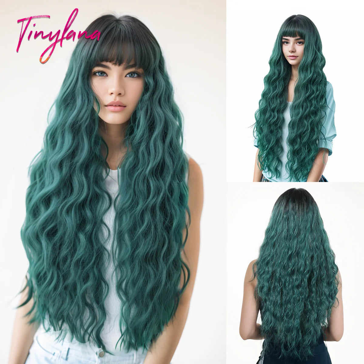 Curly Long Colored Wave Synthetic Wigs with Bangs Heat Resistant