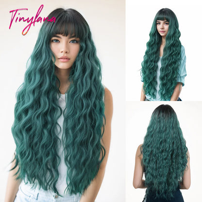 Curly Long Colored Wave Synthetic Wigs with Bangs Heat Resistant