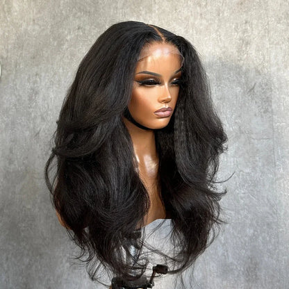 High Quality 13x4 Black Yaki Preplucked 180 Density Synthetic Lace Front Wig With Baby Hairs