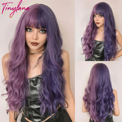 Curly Long Colored Wave Synthetic Wigs with Bangs Heat Resistant