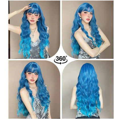 Curly Long Colored Wave Synthetic Wigs with Bangs Heat Resistant