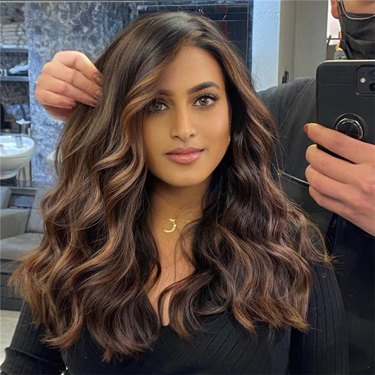 Top Quality Glueless Honey Brown Caramel Highlights Synthetic Lace Front Wig – Heat Resistant, Pre-Plucked Natural Hairline