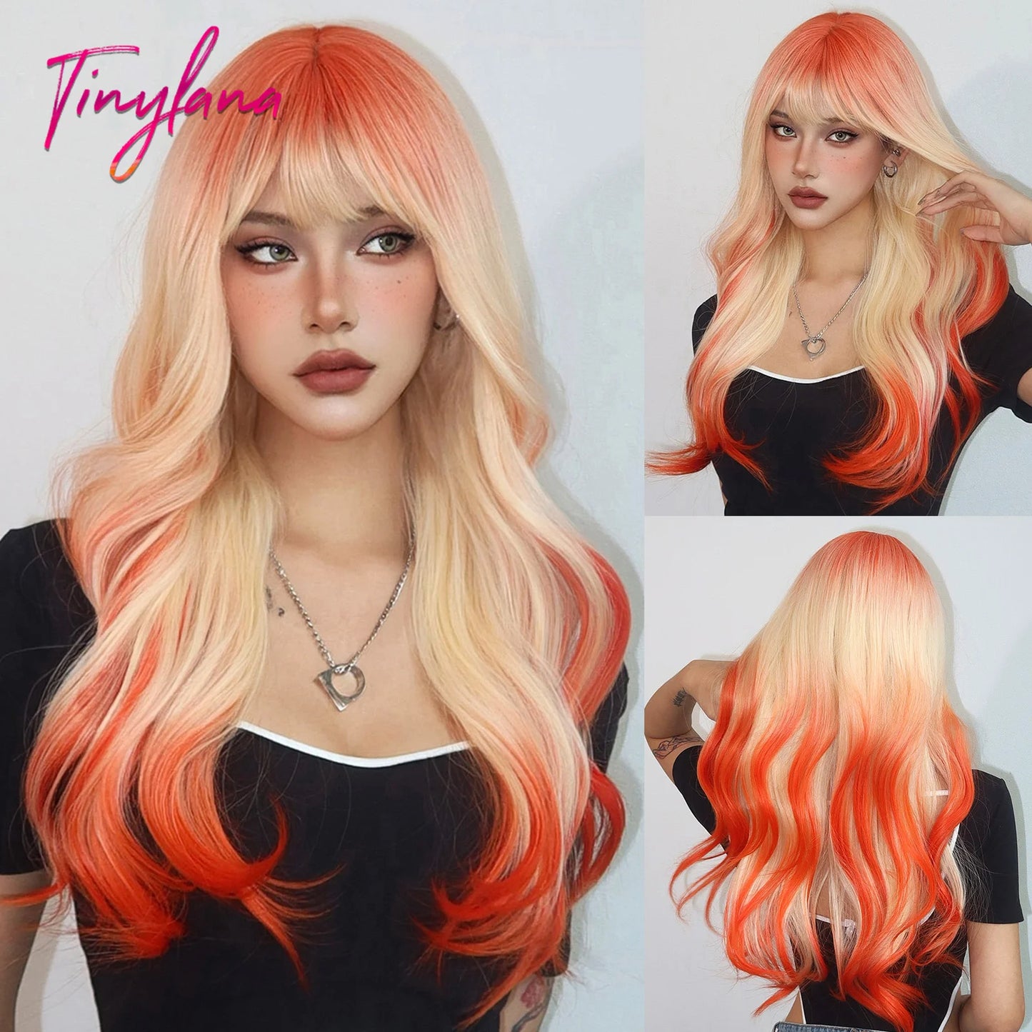 Curly Long Colored Wave Synthetic Wigs with Bangs Heat Resistant