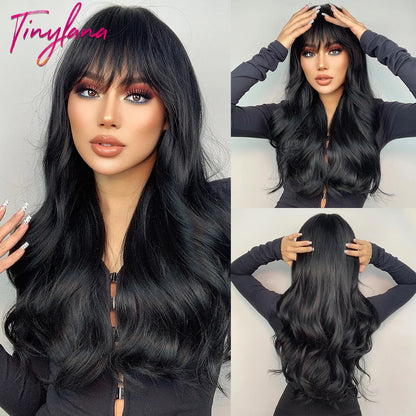 Curly Long Colored Wave Synthetic Wigs with Bangs Heat Resistant