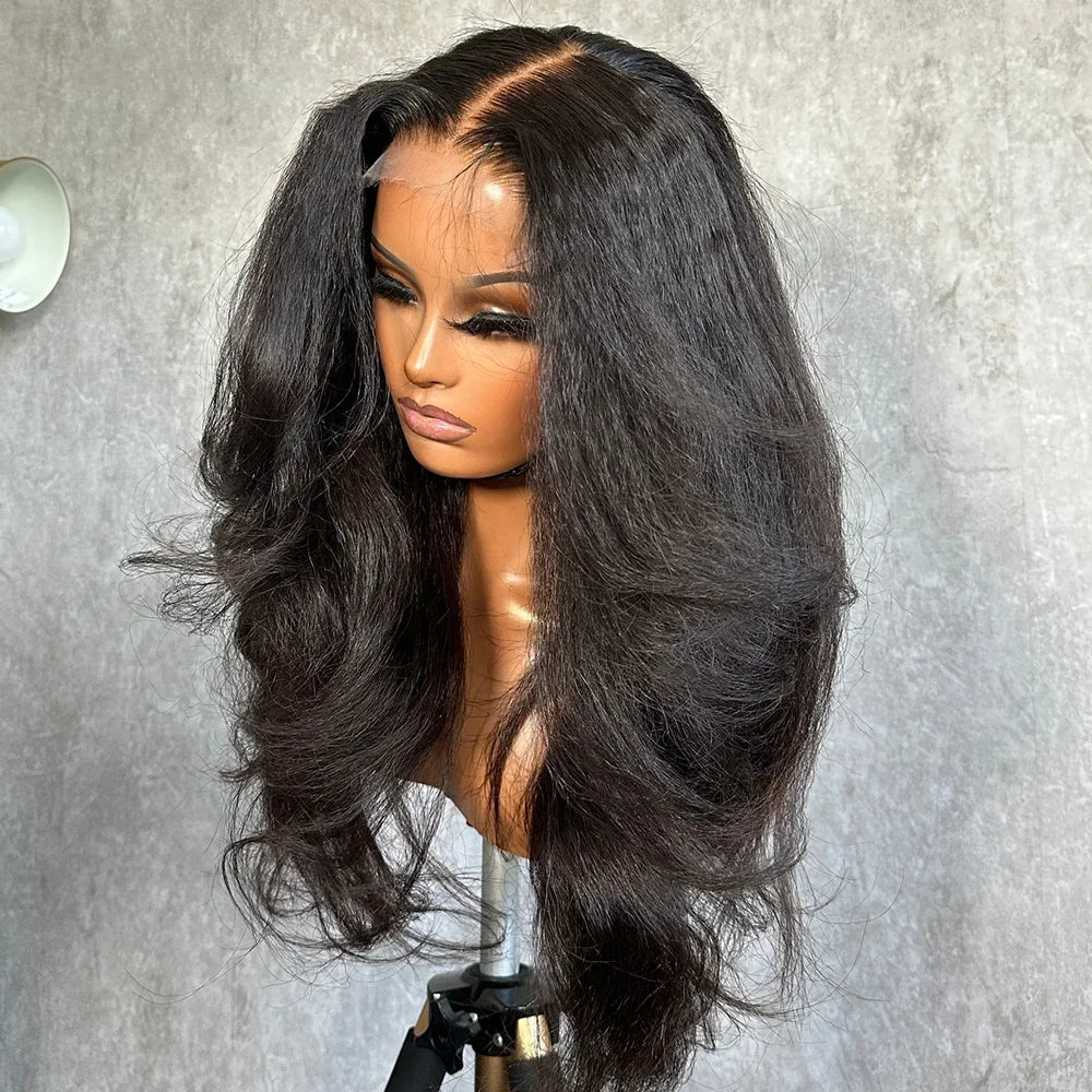 High Quality 13x4 Black Yaki Preplucked 180 Density Synthetic Lace Front Wig With Baby Hairs