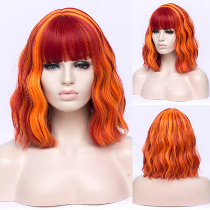 VICWIG Cosplay Wigs for Women Bobo Green Red Blue Purple Orange Black Pink Wig Short Curly Synthetic Wig With Bangs