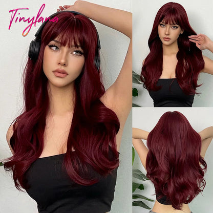 Curly Long Colored Wave Synthetic Wigs with Bangs Heat Resistant
