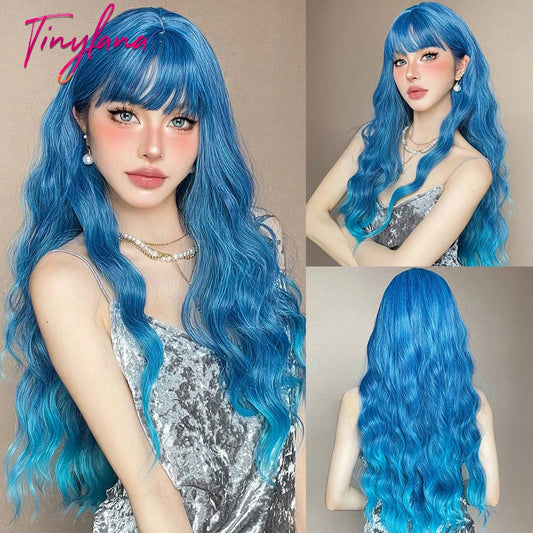 Curly Long Colored Wave Synthetic Wigs with Bangs Heat Resistant