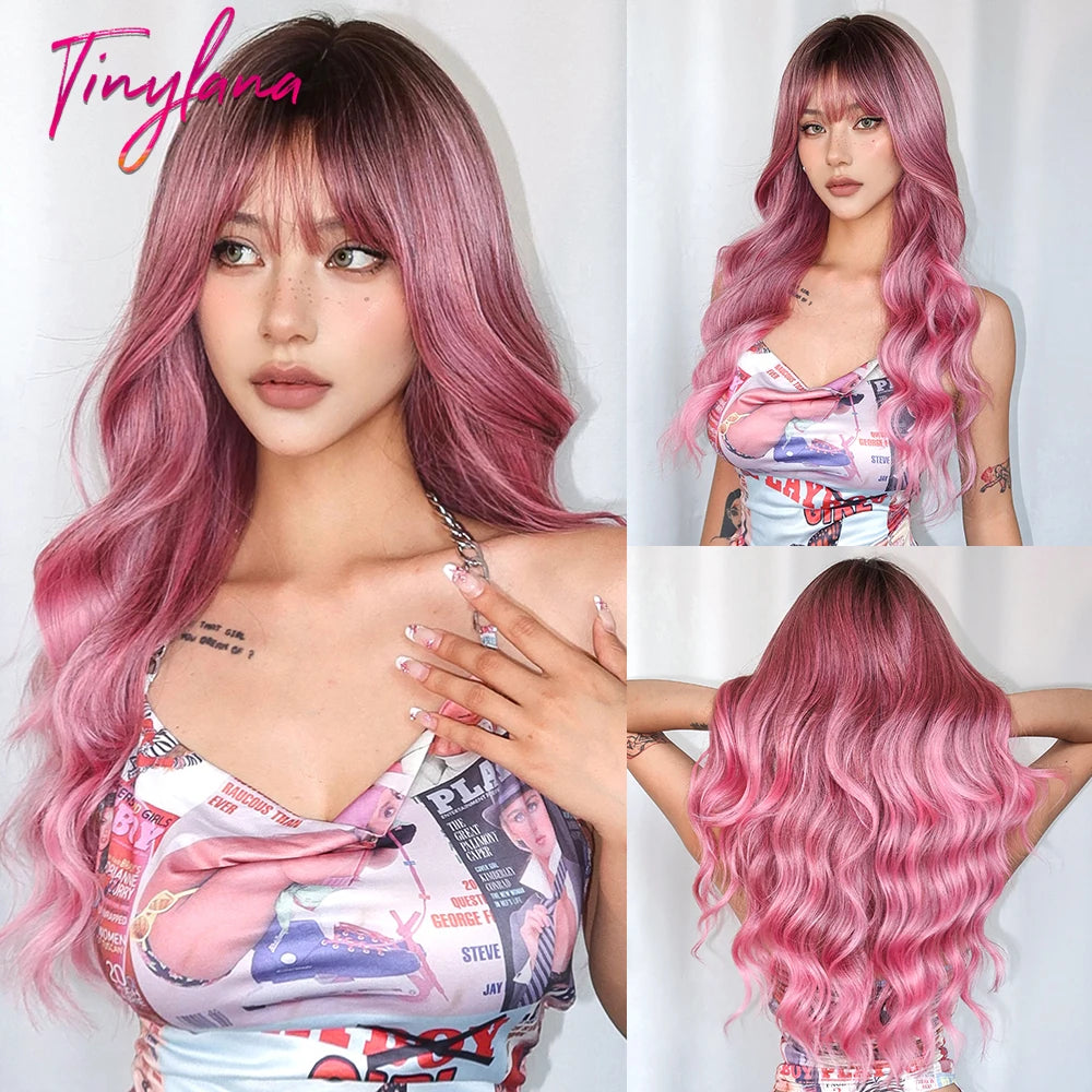 Curly Long Colored Wave Synthetic Wigs with Bangs Heat Resistant