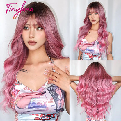 Curly Long Colored Wave Synthetic Wigs with Bangs Heat Resistant