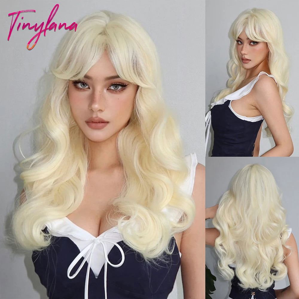Curly Long Colored Wave Synthetic Wigs with Bangs Heat Resistant